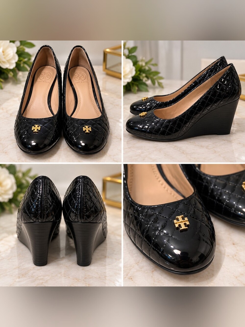 Tory Burch Black Quilted Patent Leather Wedge Pumps – Size 7.5M
